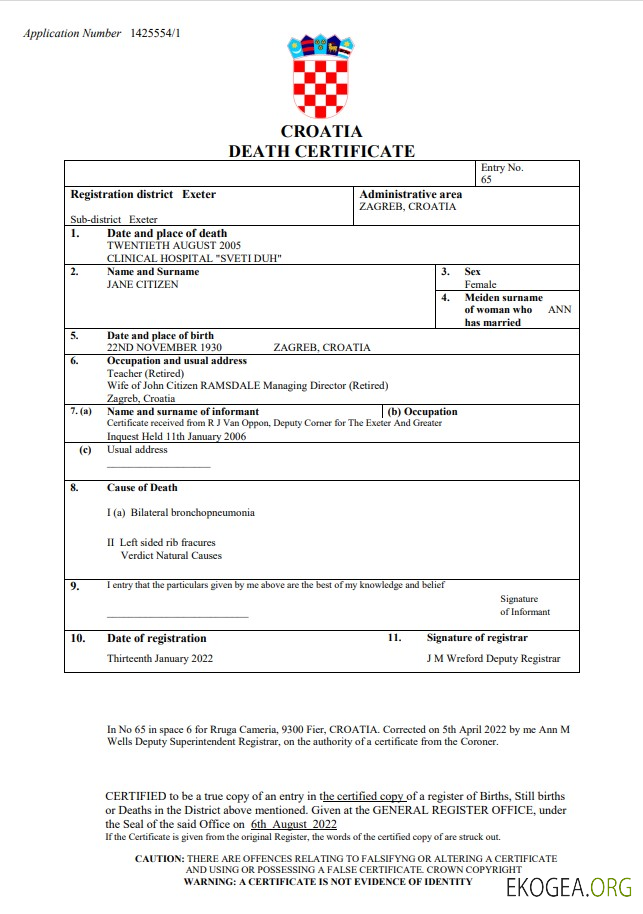 Modèle Word et PDF de certificat de décès de l'état civil de la Croatie